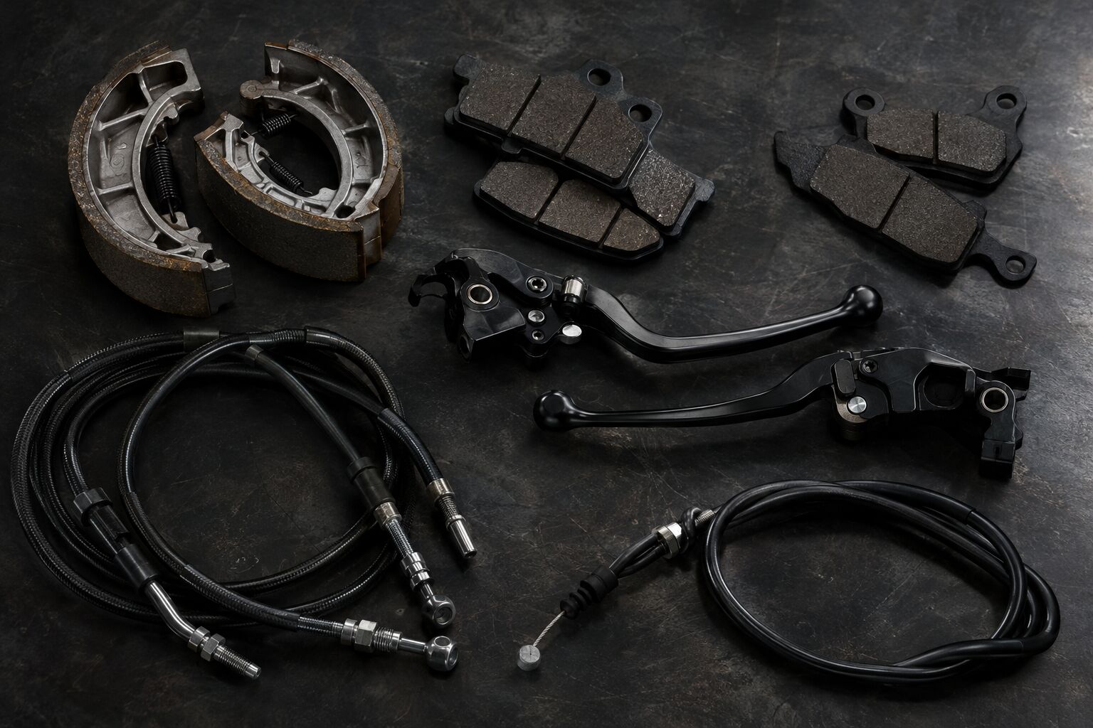 Motorcycle brake shoes, pads, cables and levers