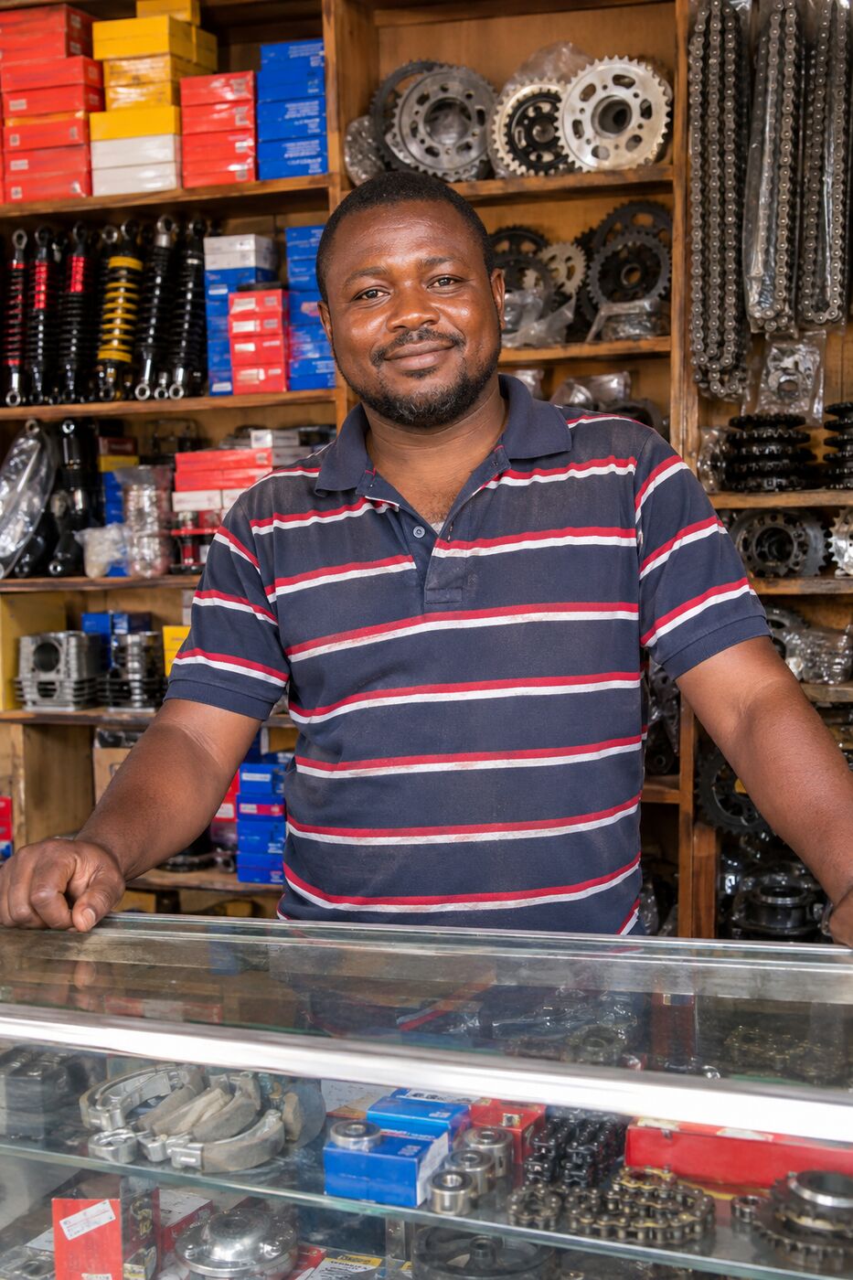 Shop attendant behind the counter at Black Motors
