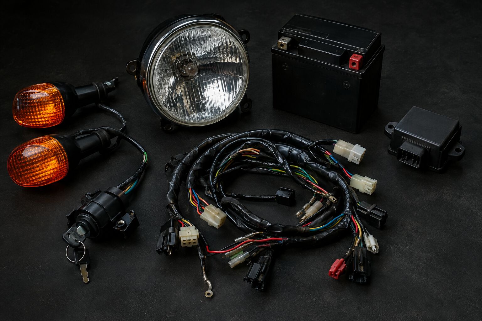 Motorcycle headlamp, battery and wiring parts