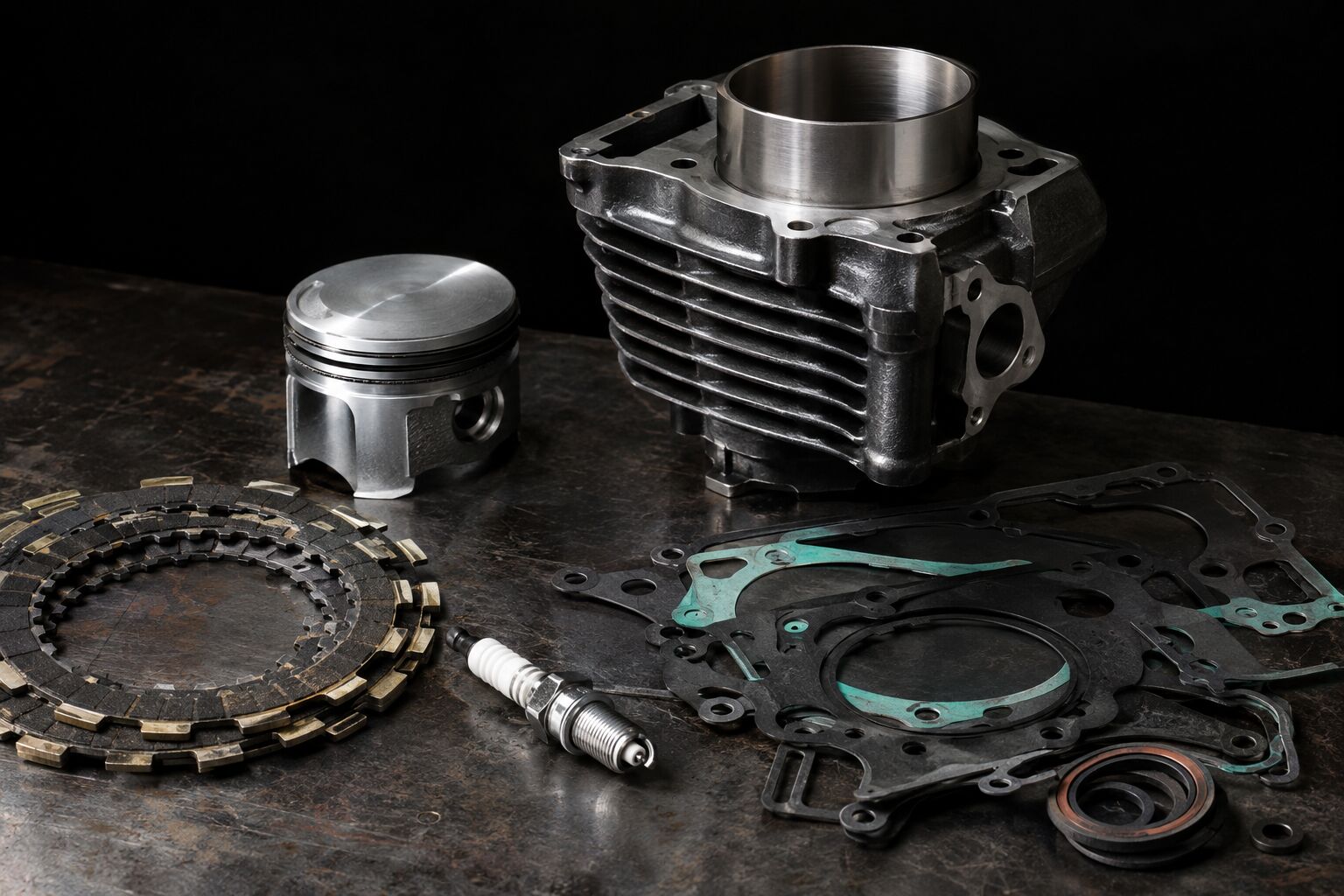 Motorcycle engine parts including piston, gaskets and clutch plates