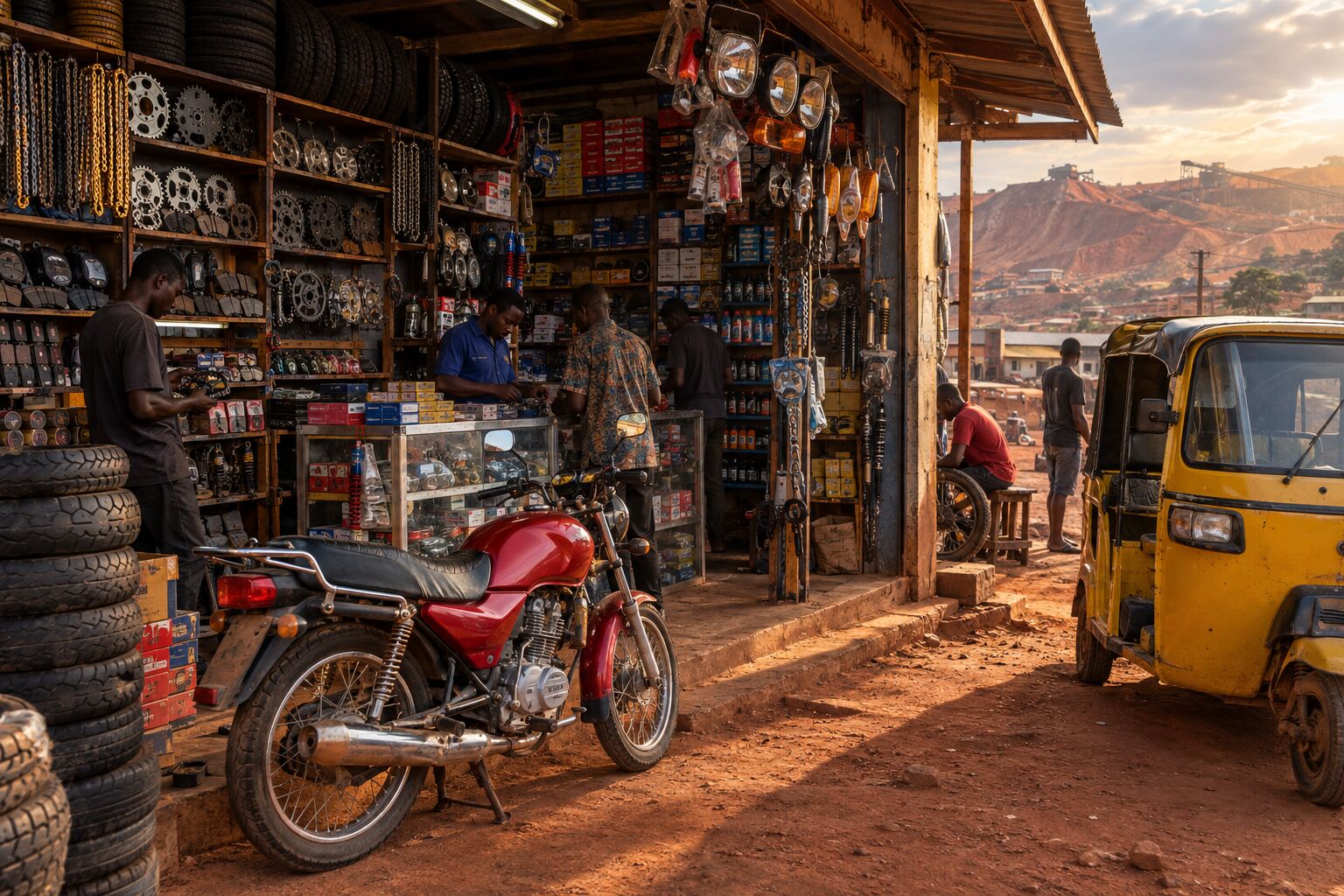 Black Motors spare parts shop front with motorcycle and tricycle parts on the shelves
