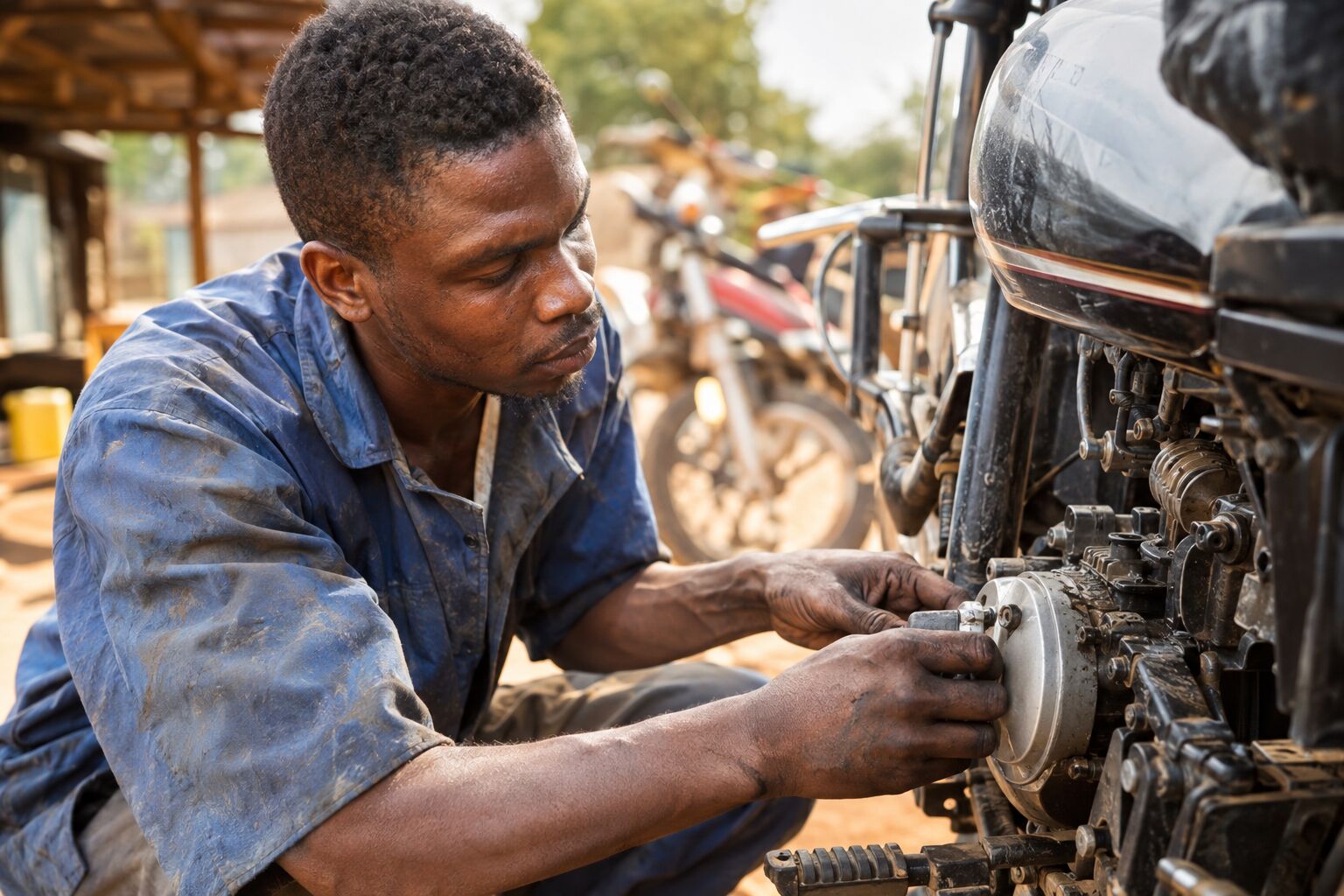 Mechanic fitting a part on a motorcycle
