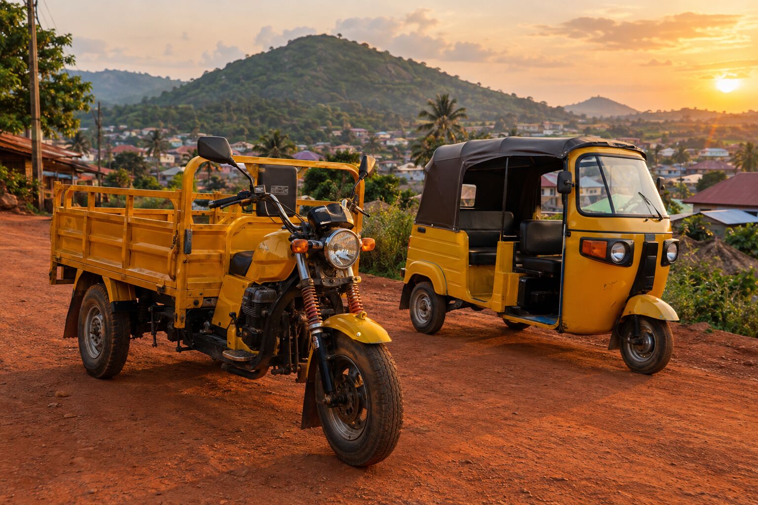 Cargo and passenger tricycles on a road in Tarkwa