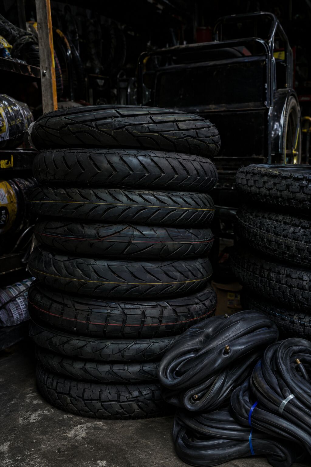 Stack of motorcycle and tricycle tyres